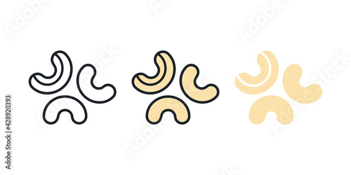 Cashew icon. Linear color flat icons of nuts, contour, shape, outline isolated on white. Thin line. Modern design. Vector set. Healthy food and vitamins