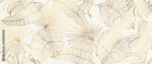 Luxury gold tropical leaves background vector. Wallpaper design with golden line art texture from palm leaves, Jungle leaves, monstera leaf, exotic botanical floral pattern.