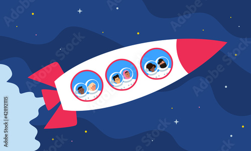 group of multinational  people tourists flying on rocket in outer space tourism vector illustration
