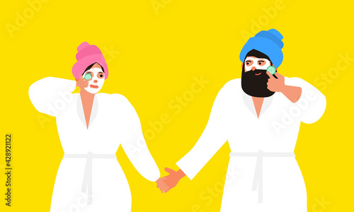 couple man and woman with towel on the head and fasial cosmetic mask holding cucumber slice skin care concept vector illustration