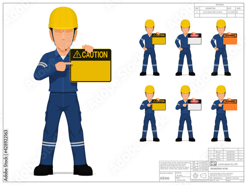 Set of industrial worker is presenting warning sign on white background