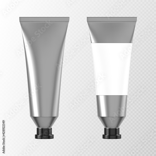 Canvas Print Metal tube for hand cream or paints 3d mockup front view, aluminium or silver colored packaging with blank label and black cap
