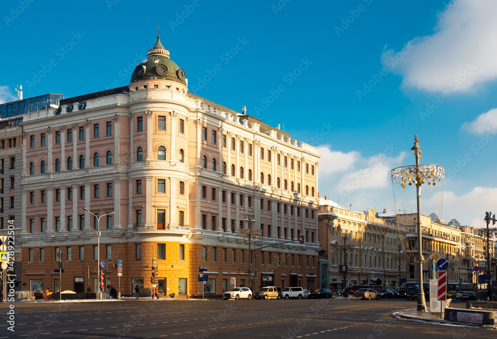 One of the main radial streets of Moscow Tverskaya street on a sunny winter day, Russia