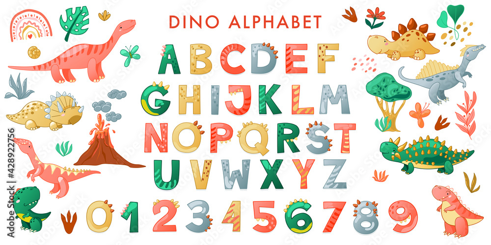 Cartoon cute Dinosaur alphabet. Dino font with letters and numbers. Children Vector illustration for t-shirts, cards, posters, birthday party events, paper design, kids and nursery design