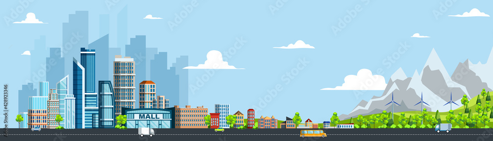 Day urban landscape with city road and real estate