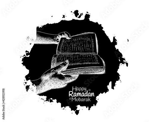 Ramadan Mubarak. hand reading holy muslim book hand drawn isolated on white background black brush