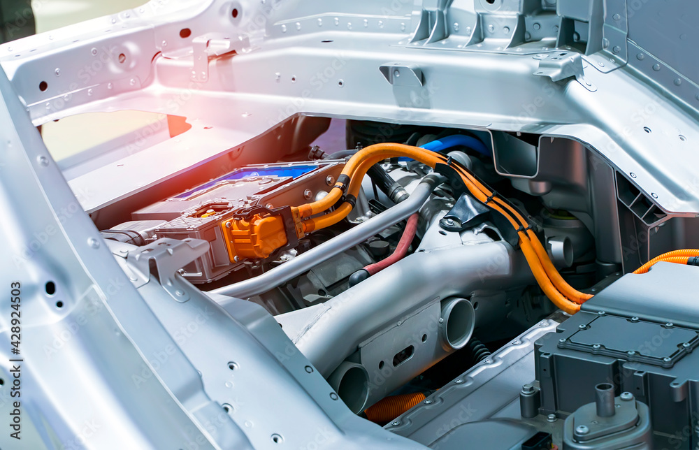Battery and wire installed on electric system of eco car engine ...