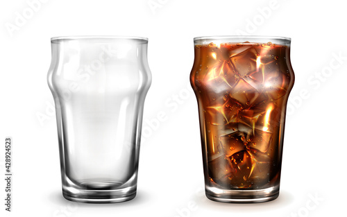 Cola, ice coffee or tea in glass. Fizzy cold drink in clear cup with condensation drops. Vector realistic set of empty and full glass with brown beverage with ice cubes isolated on white background