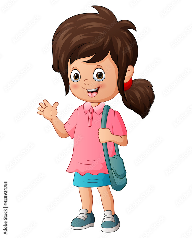 Cute little girl holding a bag and waving Cute little girl holding a bag and waving