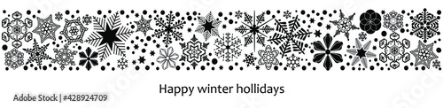 Black and white winter snowflakes background border, vector header for xmas or other winter holidays