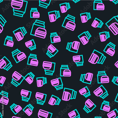 Line Online ordering and burger delivery icon isolated seamless pattern on black background. Vector Illustration