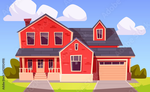 Suburban house, residential building from red brick with garage. Vector cartoon illustration of village mansion facade. Summer countryside landscape with cottage