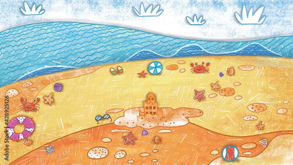 Fototapeta premium Holiday Beach Background Art Backdrop. Cute cartoon oil pastel drawing crayon doodle for children book illustration, poster, backdrop, or wall painting.