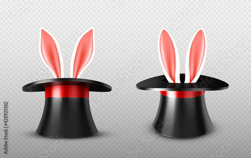 Rabbit ears stick out magician top hat, black vintage cylinder cap with white bunny sitting inside front view. Circus magic tricks with hare and performer headwear, Realistic 3d vector illustration