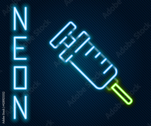 Glowing neon line GMO syringe icon isolated on black background. Genetically modified organism acronym. Dna food modification. Colorful outline concept. Vector