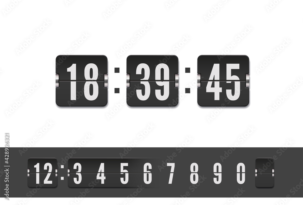 Analog airport board countdown timer with hour and minute flip number. Scoreboard number font with shadows isolated on white background. Vintage flip clock time counter vector template. Analog airport board countdown timer with hour and minute flip number. Scoreboard number font with shadows isolated on white background. Vintage flip clock time counter vector template.