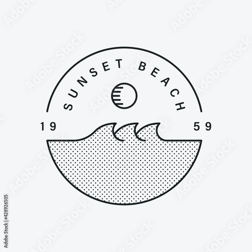 Sunset Beach. Illustration logo with waves and sun. Black color hipster design. 