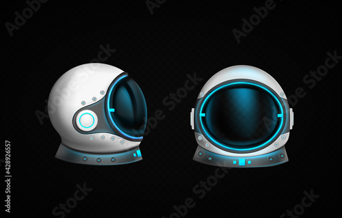 Astronaut helmet with clear glass and blue light in front and side view. Cosmonaut mask for space exploration and flight in cosmos. Vector realistic set of white suit part for protection spaceman head