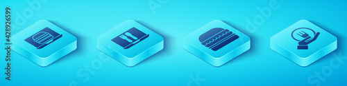 Set Isometric Online ordering burger delivery, Online ordering and delivery, Online ordering and delivery and Burger icon. Vector