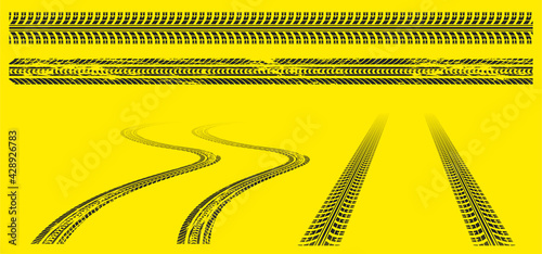 Tires tracks, offroad grunge tyre prints, abstract automobile wheels black pattern on yellow background. Rally, motocross straight and wavy dirty traces, off road trails texture isolated vector set