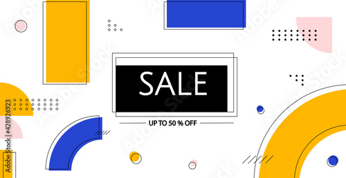 Sale vector banner template on white background. 50 percent off in black, blue and yellow in vibrant colors with contour frames and trendy modern memphis elements. 
