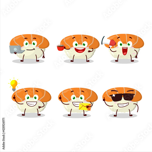 Nigiri sushi cartoon character with various types of business emoticons