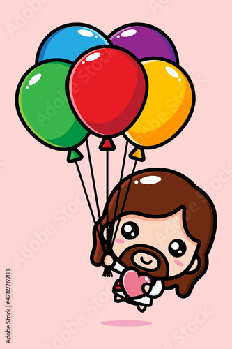 cartoon cute jesus vector design flying colorful balloon