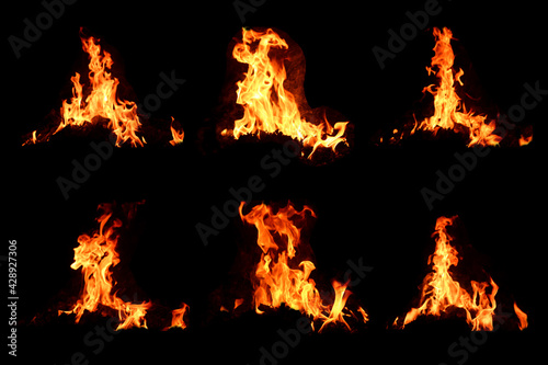 The set of 6 thermal energy flames image set on a black background.