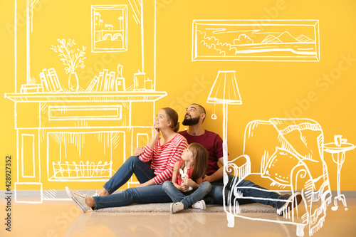 Принти на полотні Happy family thinking about design of their new house
