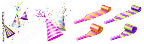 Party hats and horn blowers with color stripes and dots for birthday celebration. Vector realistic 3d set of funny cone head caps with ribbons, whistles and confetti isolated on white background