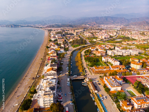 Picturesque aerial view of coastal area of Fethiye city, prominent tourist destination in Turkish Riviera