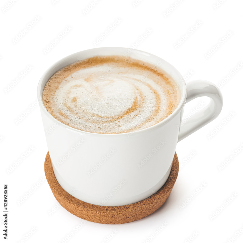 Obraz premium Cup of hot cappuccino coffee on white background