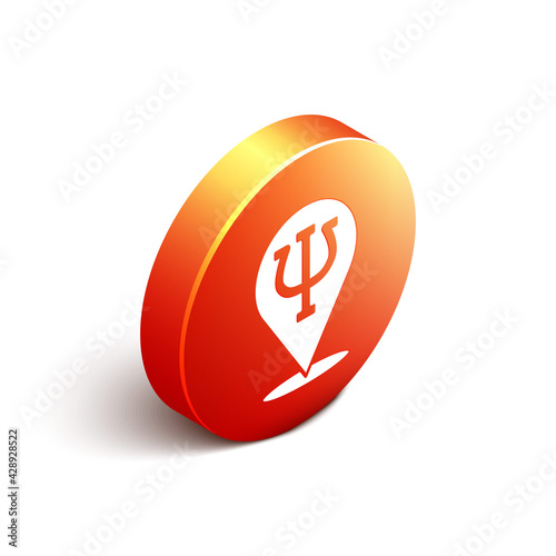 Isometric Psychology icon isolated on white background. Psi symbol. Mental health concept, psychoanalysis analysis and psychotherapy. Orange circle button. Vector