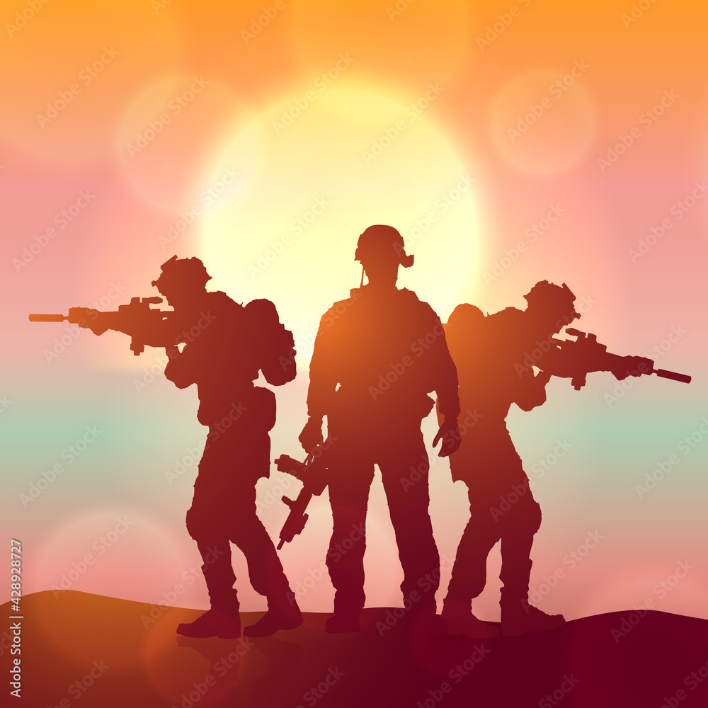 Silhouette of a soliders against the sunrise. Concept - protection, patriotism, honor. Armed forces of Turkey, Israel, Egypt and other countries. EPS10 vector.