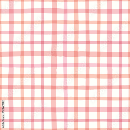 Check pattern in pink. Vector seamless repeat of hand drawn checked gingham design. Cute geometric illustration.