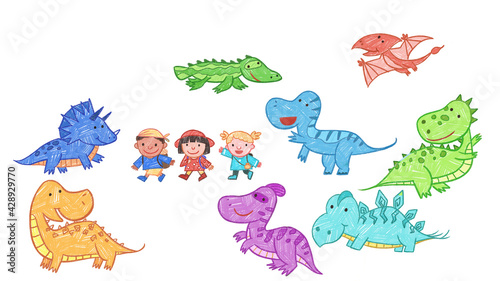 Fototapeta Naklejka Na Ścianę i Meble -  3 little adventurers with Dinosaur Background Art Backdrop. Cute cartoon oil pastel drawing crayon doodle for children book illustration, poster, backdrop, or wall painting.