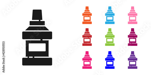 Black Mouthwash plastic bottle icon isolated on white background. Liquid for rinsing mouth. Oralcare equipment. Set icons colorful. Vector