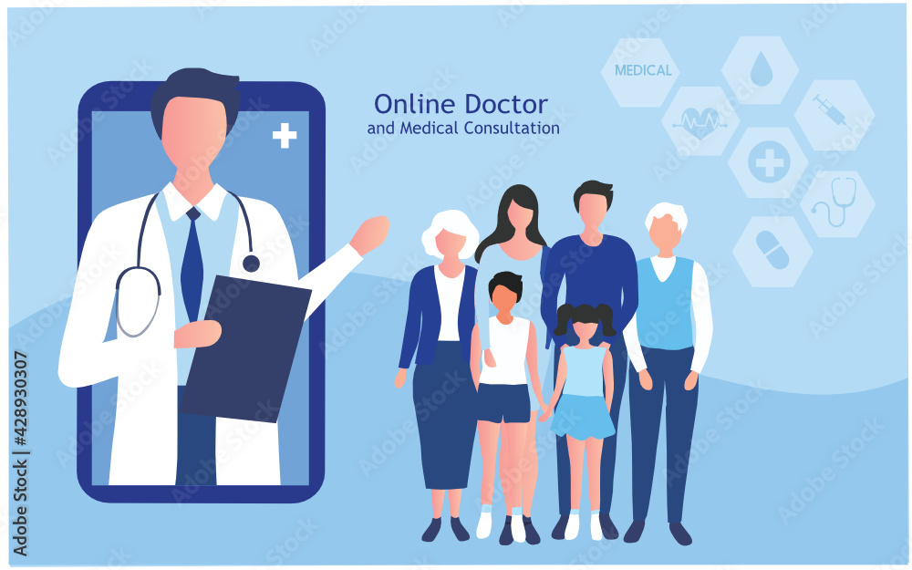 Online doctor and medical consultation concept. Family patient using online consultation with doctor service vector illustration. Online medical service and telemedicine concept