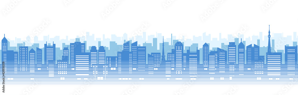 ビルのある都市風景のイラスト（青のシルエット）
