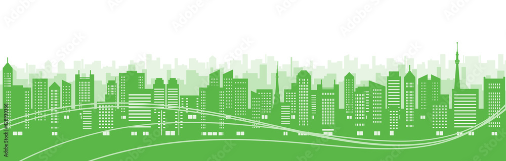 ビルのある都市風景のイラスト（緑のシルエット）