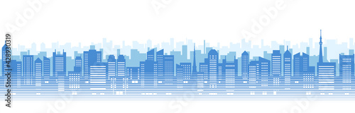 ビルのある都市風景のイラスト（青のシルエット）