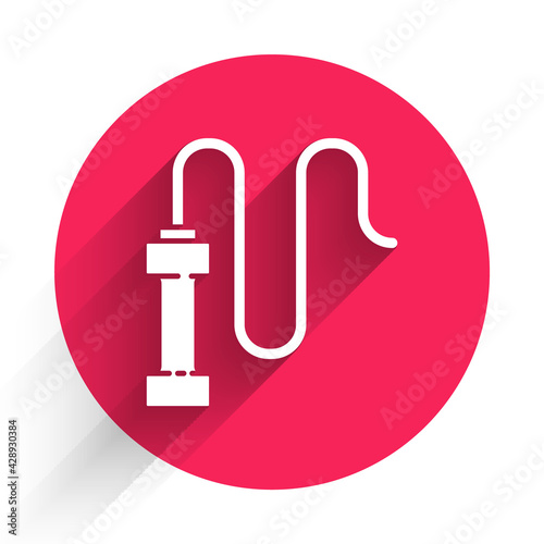 White Braided leather whip icon isolated with long shadow. Red circle button. Vector