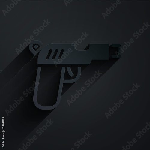 Paper cut Pistol or gun icon isolated on black background. Police or military handgun. Small firearm. Paper art style. Vector