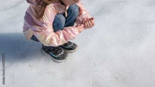 Little girl  investigate needle ice , needle-shaped column of ice formed by groundwater, playing with icicles.  Winter and spring outdoor kids activity and learning concept photo