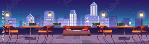 Restaurant at night rooftop terrace on city view background. Empty patio with tables and chairs on skyscraper roof. Outdoor cafe area for relax or recreation with cityscape Cartoon vector illustration