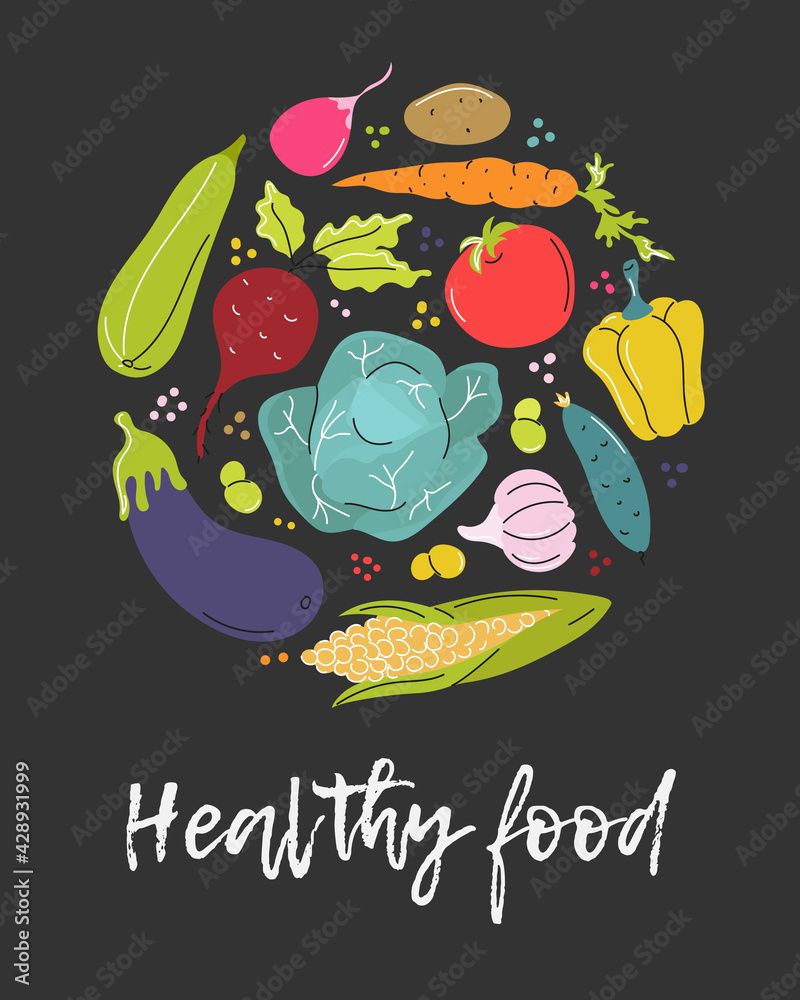 Vegetables in a circle on a dark gray background. Healthy food. Vector image in a flat style with an inscription Vegetables in a circle on a dark gray background. Healthy food. Vector image in a flat style with an inscription