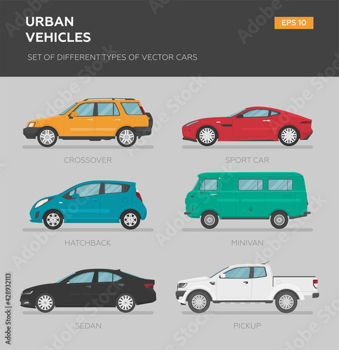 Set of isolated vector cars. 4x4, business auto, vintage car, sedan, hatchback, coupe, sport, camper van. 