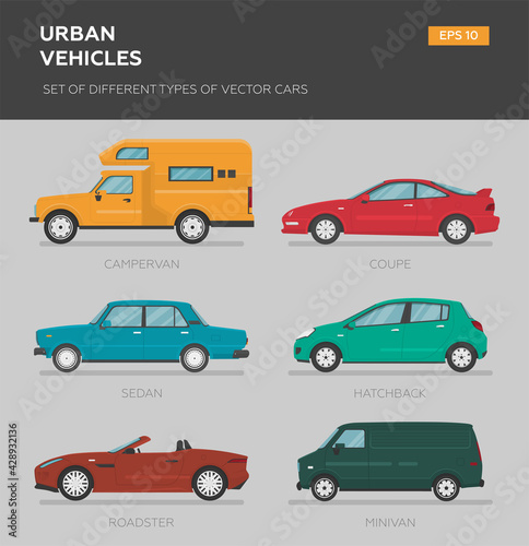 Set of isolated vector cars. 4x4, business auto, vintage car, sedan, hatchback, coupe, sport, camper van. 
