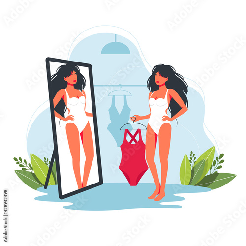 woman trying on fused whole swimsuit in store. woman shopping swimsuit. Beautiful girl choosing swimwear for summer vacation on tropical resort. Cartoon female trying swim suit in front of mirror