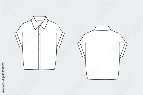 Female blouse vector template isolated on a grey background. Front and back view. Outline fashion technical sketch of clothes model. photo